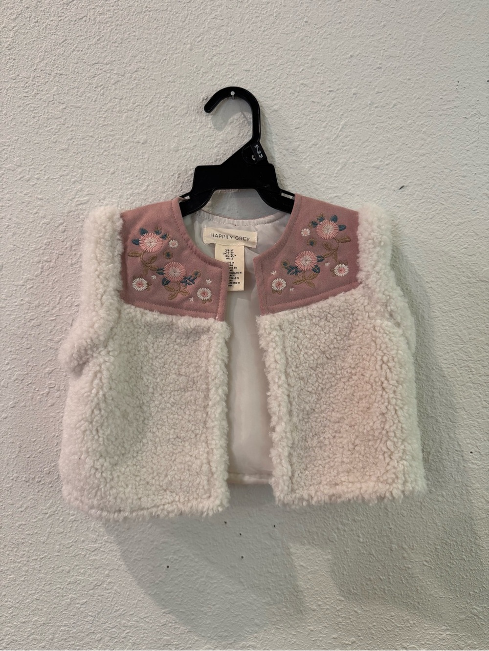 Girls' Cream Sherpa Vest with Pink Embroidered Yoke